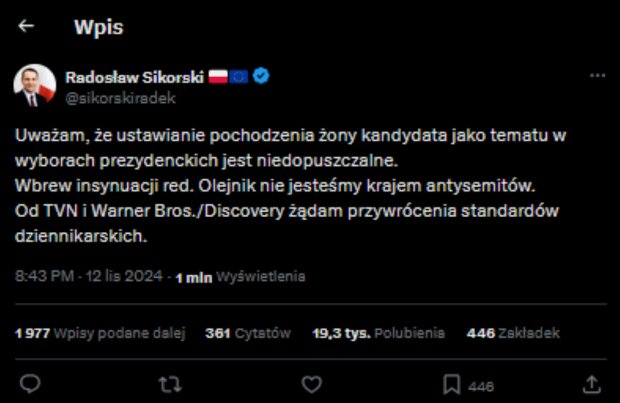 Wpis Radosława Sikorskiego/X @Radosław Sikorski