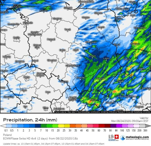 Prognozowana suma opadów w kraju (źródło: dobrapogoda24.pl)