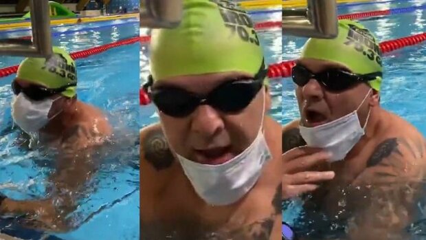 Tomasz Karolak zadrwił z zaleceń, wskakując w maseczce do basenu (Instagram @adriannaswim)