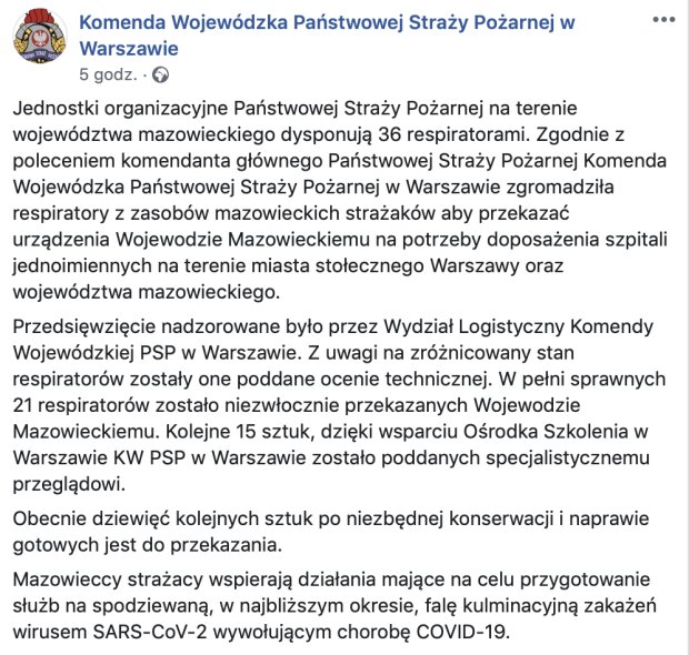 Respiratory. Źródło: Komenda Wojewódzka Państwowej Straży Pożarnej w Warszawie/Facebook