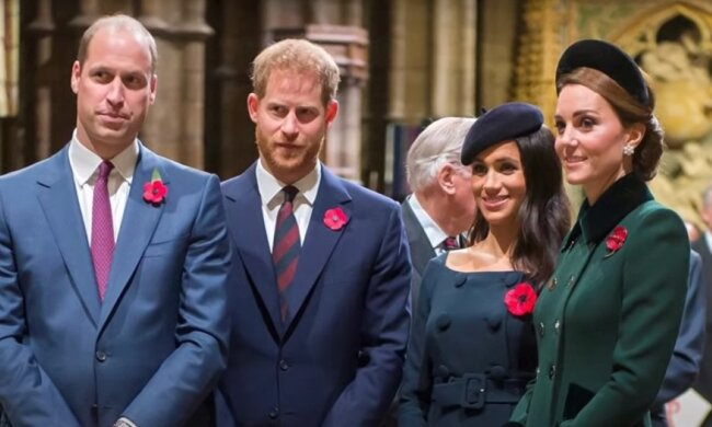 Meghan Markle, książę Harry, księżna Kate Midelton, książe William. Źródło: youtube.com