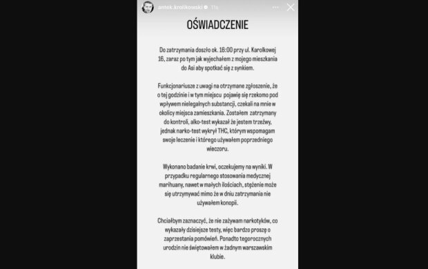 Oświadczenie Antka Królikowskiego/Instagram @Antek Królikowski