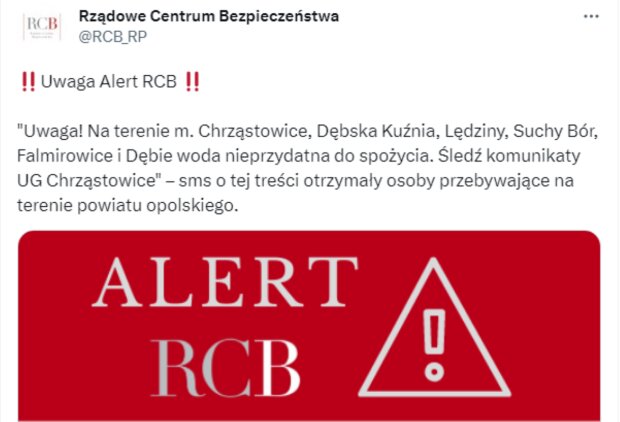 Alert RCB/Twitter @Rządowe Centrum Bezpieczeństwa
