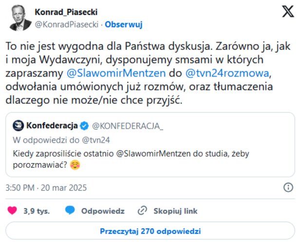 Wpis Konrada Piaseckiego i Konfederacji/Twitter