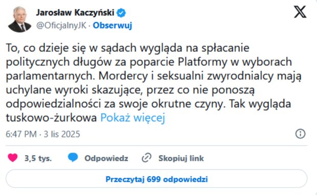 Wpis Jarosława Kaczyńskiego/Twitter