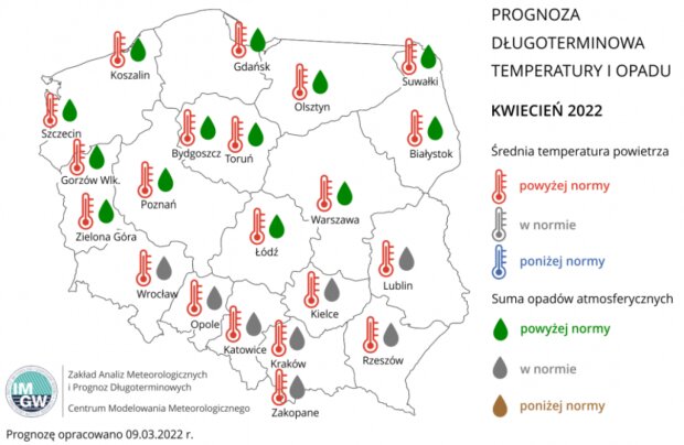 Prognozy opadów i temperatury w kwietniu 2022 roku przygotowana przez IMGW/imgw.pl