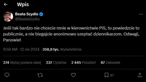 Wpis Beaty Szydło/X @BeataSzydło