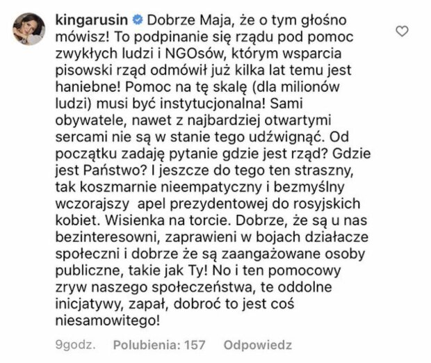 Wpis Kingi Rusin/YouTube @Instagram