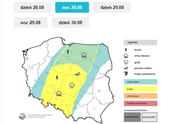 Prognoza burz na noc 28.08.2023/imgw.pl