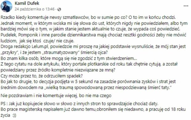 Oświadczenie Kamila Dufka/jastrzabpost.pl