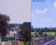 Chwile grozy na autostradzie. Samolot uderzył w ziemię i zapłonął