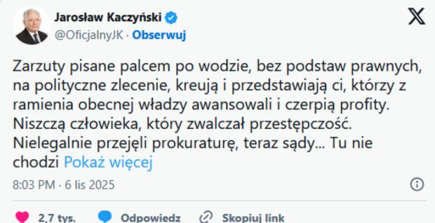 Wpis Jarosława Kaczyńskiego/X