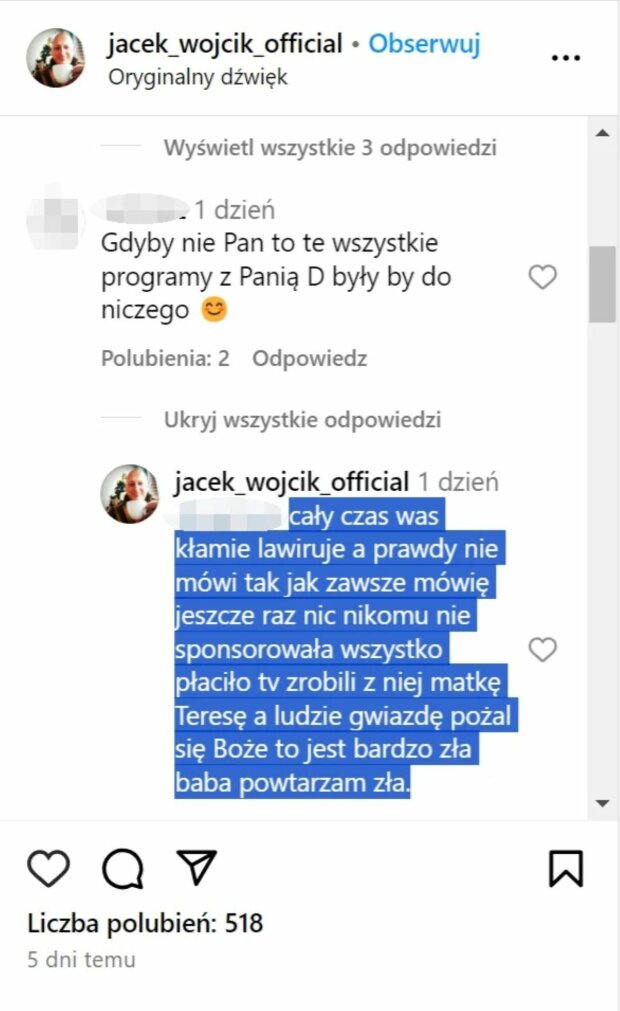 Jacek Komentuje zachowanie Dagmary Kaźmierskiej/Instagram @jacek-wojcik-official