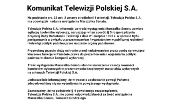 Komunikat TVP przed orędziem Tomasza Grodzkiego/YouTube @Janusz Jaskółka