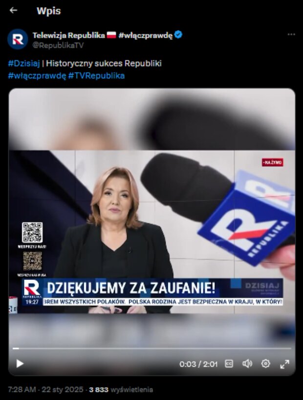 Telewizja Republika ogłasza sukces/Twitter @TV Republika